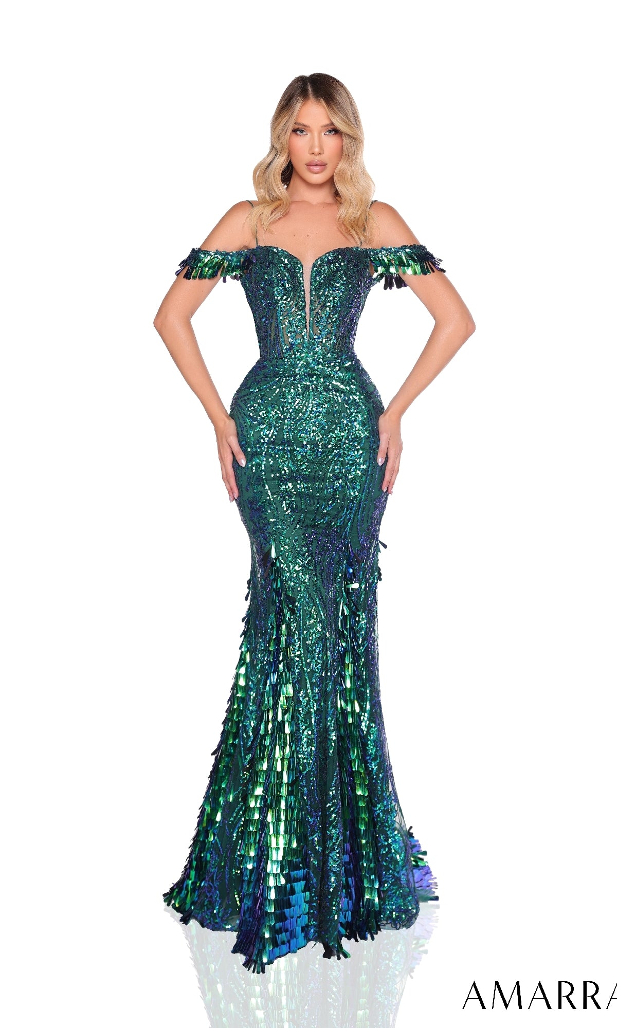 A woman models the Amarra 88298, an off-shoulder, floor-length green sequin prom dress with a deep neckline and mermaid silhouette, standing against a white background.